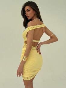 Aloruh 褶皱蕾丝拼布迷你连衣裙，紧身，浅黄色，夏日假期 - 黃色 - 查看 6