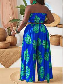 Slaydiva 女式大码荷叶边吊带上衣和纸袋腰阔腿裤印花 - 彩色 - 查看 3