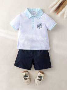 SHEIN Young Boy Boys' (Small) Casual Minimalist Striped Collar Short Sleeve POLO Shirt And Contrasting Color Shorts Set, Suitable For Summer