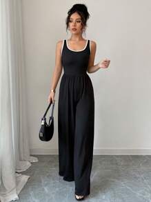 Chiquease Mono de punto negro casual con panel ancho sin mangas y acabado de puntada para mujer