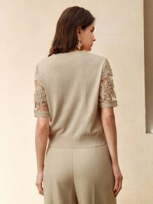 Anewsta 女款秋季花卉网眼圆领短袖针织上衣 女款春季 - 杏色 - 查看 2