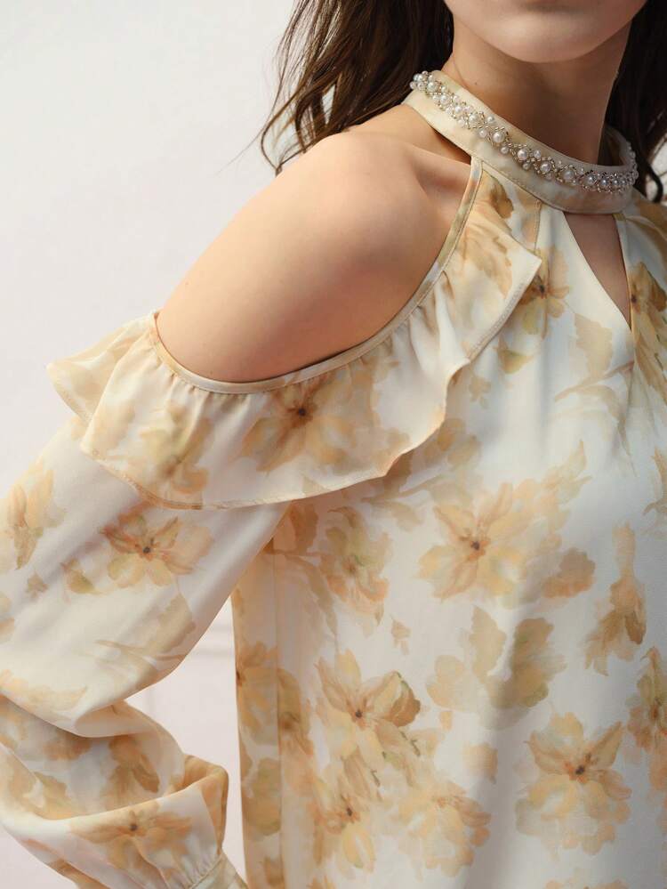 FLORAL PRINT COLD SHOULDER BLOUSE