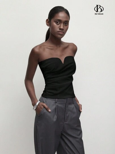 BizChic Dam enfärgad plisserad ärmlös linnetopp, elegant romantisk casual vardagskläder, minimalistisk mode grundläggande business casual blus, Y2K streetwear