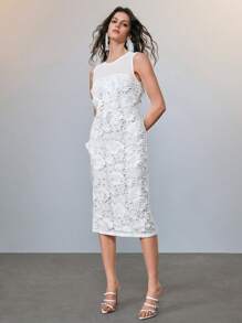 SHEIN LUNE 纯色碎花无袖圆领镂空性感优雅休闲度假约会女士中长连衣裙，适合春夏季，适合伴娘服、晚礼服、正式活动 - 白色 - 查看 7