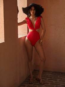 MOTF PREMIUM RUFFLE CUT OUT ONE-PIECE SWIMSUIT FOR SUMMER BEACH VACATION - Red - View 6