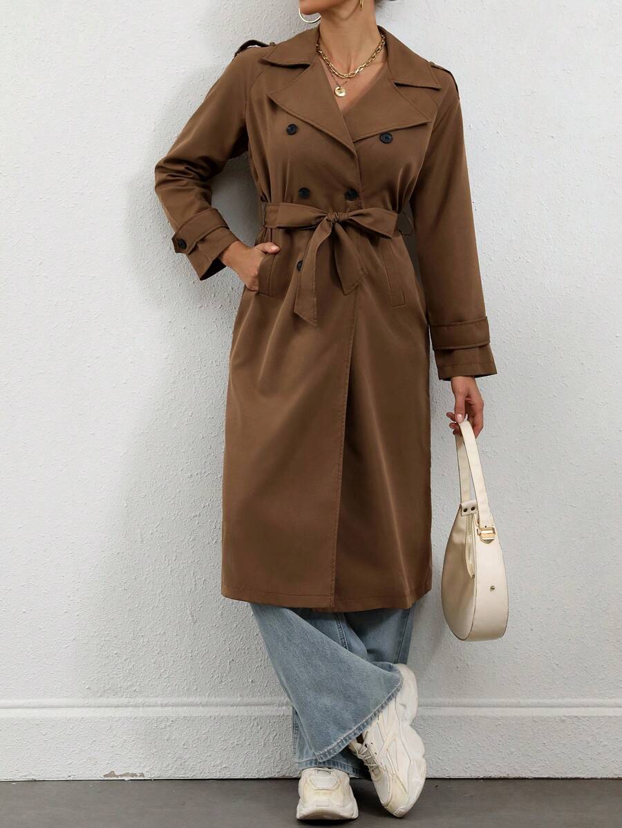 SHEIN Unity Women's Casual Solid Color Double-Breasted Trench Coat Fall Winter Cloth For Women - Brown - View 1