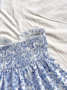 SHEIN PETITE CURVE 大码女式花卉印花前扭纹抹胸上衣休闲/度假装乡村音乐会 - 藍白色 - 查看 5