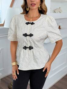 Flirla 大码短袖纯色圆领休闲衬衫，适合夏季