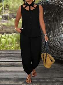 SHEIN LUNE Plus Size Women Casual Turn-Down Collar Cutout Top & Drawstring Hem Pants Set - Black - View 3