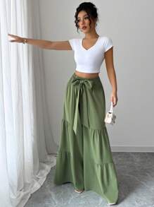 Elenzga Women's Casual Commute Solid Color Wide Leg Pants, Summer - Green - View 5