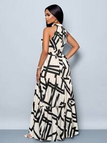 SOLERSUN Women's Fashionable Allover Floral Print Halter Neck Maxi Dress With Belt, Flowing Style For Vacation - Apricot - View 2