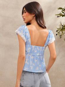 WESTFADE Spring Floral Printed Gingham Checkered Plaid & Lace Cute Sweetheart Neck Bow Tie Front Smocked Open Back Short Ruffle Sleeve Top Western Summer Vacation - Purple - View 4