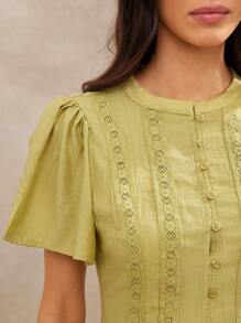 WESTFADE Váy ren đan móc cổ tròn cài nút phía trước xếp tầng tay ngắn bồng bềnh cho kỳ nghỉ xuân trên bãi biển - màu xanh lá - Xem 2