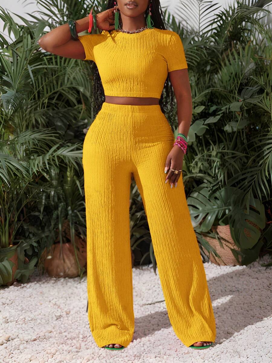 Slaydiva 新款休闲基础运动风春夏圆领短袖截短T恤+阔腿超长裤玫红色条纹纹理针织面料女两件套-I，夏季套装 - 黃色 - 查看 1