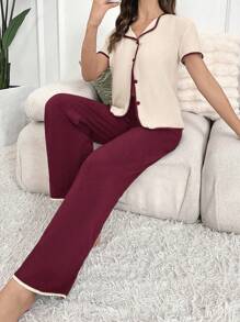 SHEIN Women's Color Block Patchwork Front Button Short Sleeve Minimalist Top And Pants Pajama Set Lounge Set - Burgundy - View 4