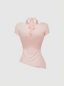 SHEIN MOD 女士针织拼布蕾丝不对称下摆可折叠领口蕾丝花边系带领收腰 T 恤 - 淺粉色 - 查看 2