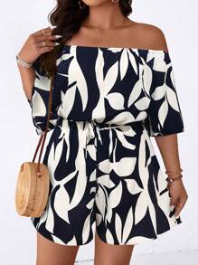 SHEIN LUNE 大码女式休闲印花露肩连体裤