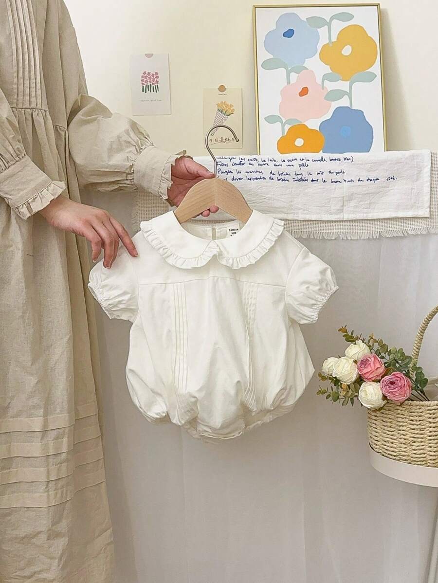 新生女宝宝可爱百搭休闲连体衣，彼得潘领，夏季 - 白色 - 查看 1