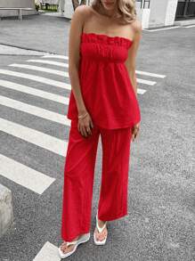 Siren Gaze 2 piezas Top de tirantes de unicolor y pantalones largos para mujer, minimalista y de moda, apropiado para el verano - Rojo - Ver 2