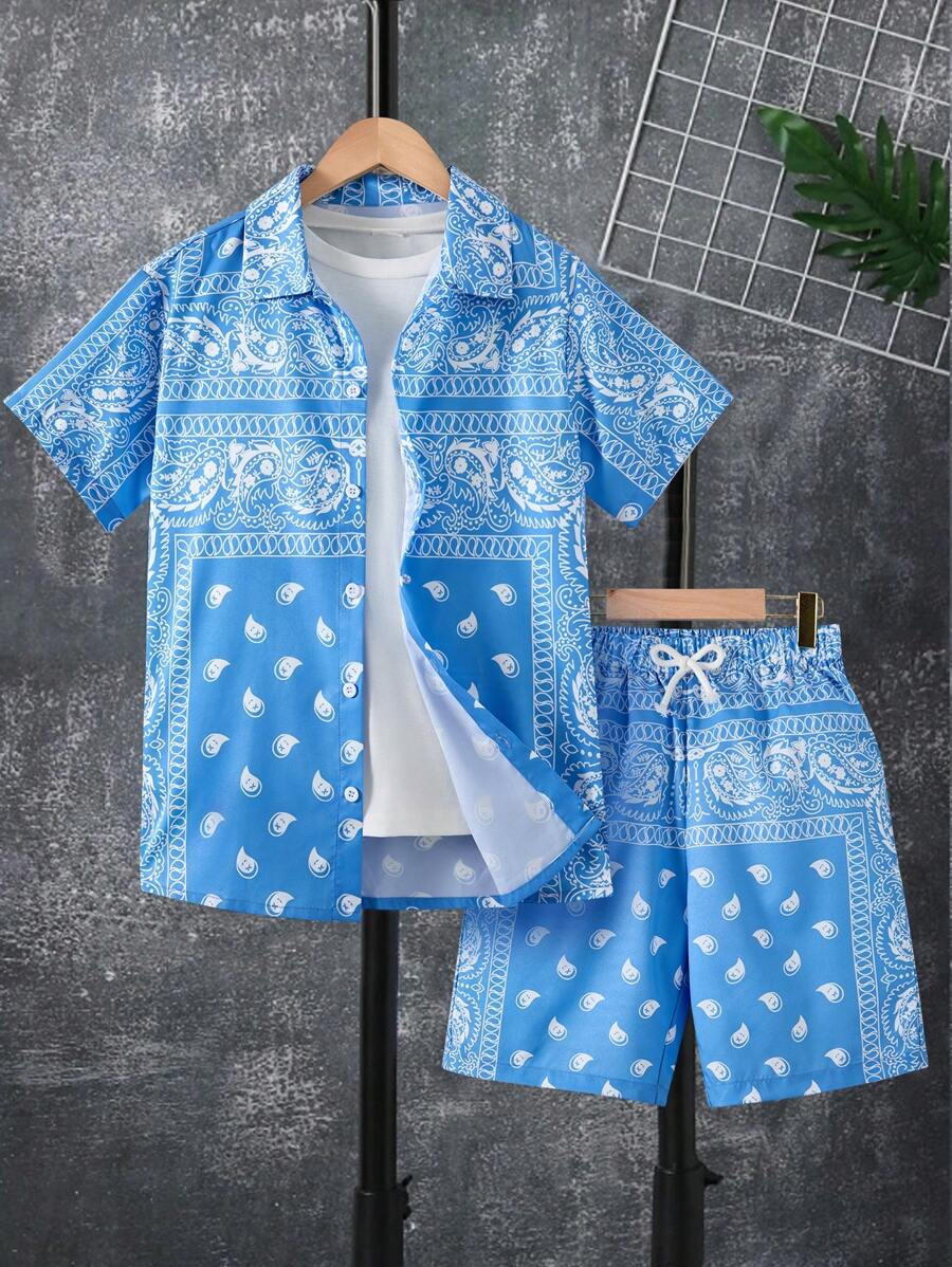 Bộ 2 áo sơ mi tay ngắn họa tiết hoa hạt điều thời trang đi nghỉ mát cho bé trai và quần short - Nhiều màu - Xem 1
