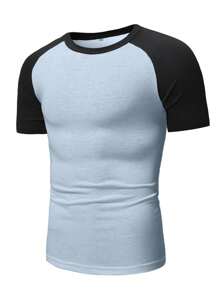 SHEIN Cottnline Camiseta de manga raglán con bloques de color 100% algodón para hombres - Celeste - Ver 3