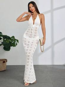 Flirla Nuevo vestido de punto largo sin mangas y sin espalda entallado con diseño de sirena, color blanco, diseño versátil para vacaciones, primavera/verano - Blanco - Ver 3