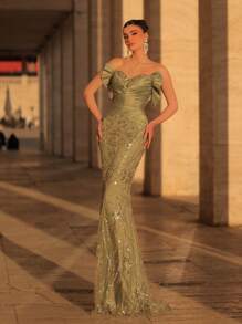 Glamrae Elegante y lujoso vestido de cola de sirena con pliegues de satén, parches, cuentas y lentejuelas, con cola. Adecuado para bodas, fiestas, eventos, cruceros y ocasiones formales (peso pesado)