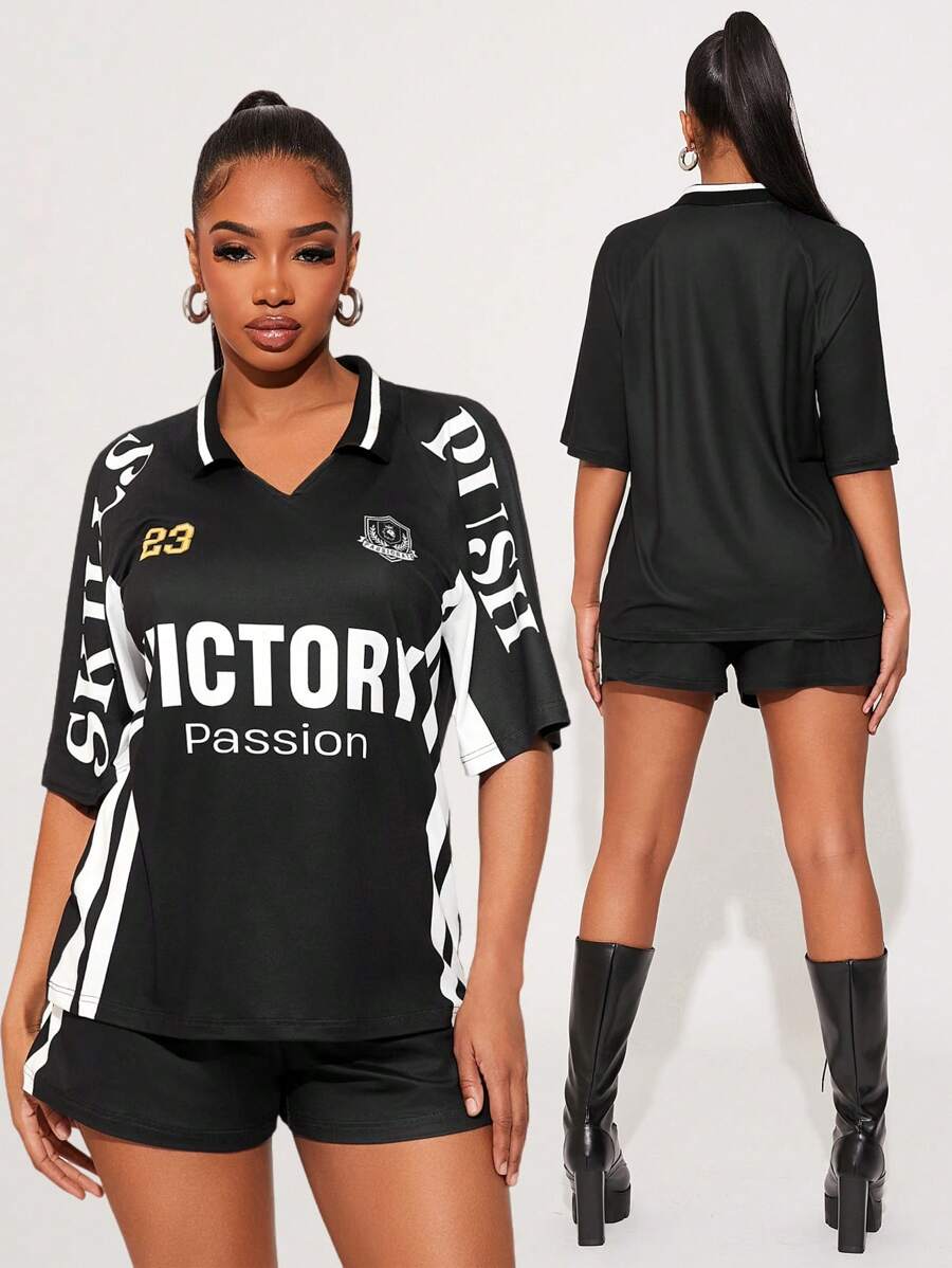 SHEIN SXY Women's Summer Black & White Letter Print Casual Tracksuit,Short Sleeve Polo T-Shirt & Wide Leg Shorts 2pcs Set,Streetwear City Break Game Viewing - Black - View 1