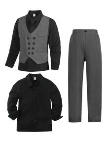 SHEIN Tween Boy 绅士 3 件套 - 双排扣背心 + 黑色衬衫 + 长裤，生日派对、典礼、婚礼、情人节的正式服装 - 灰色 - 查看 8