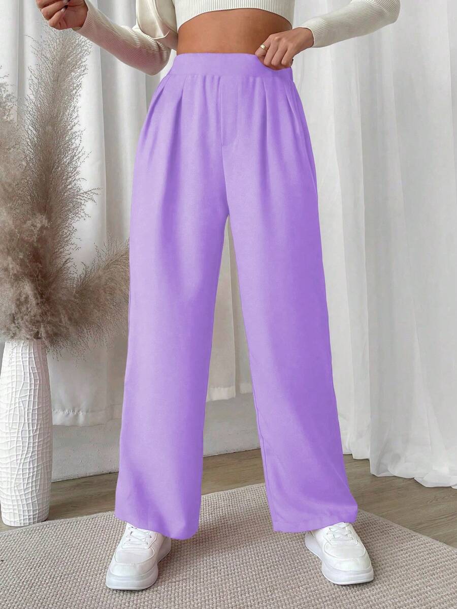 SHEIN Unity Pantalones de color liso, de estilo sencillo y apropiados para el verano - Morado Violeta - Ver 1