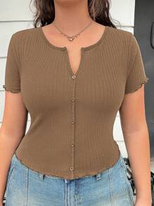 SHEIN EZwear Camiseta de mujer talla grande con cuello en V, lisa, de manga corta y diseño con botones