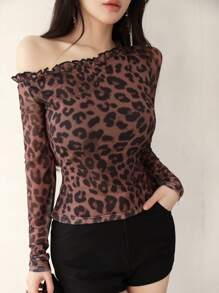 Modelyn 女士性感透明豹纹荷叶边不对称领口长袖衬衫 - 咖啡棕 - 查看 3