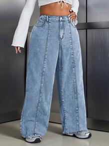 SHEIN EZwear 大码前扣口袋洗水牛仔裤，休闲日常穿着 - 淺色水洗藍 - 查看 4