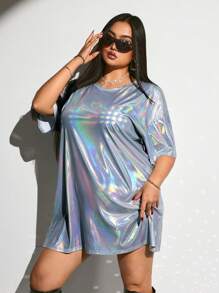 SHEIN ICON Váy áo phông dự tiệc Laser Music Festival cỡ lớn, Váy áo phông dự tiệc Laser Music Festival cỡ lớn - Bạc - Xem 4