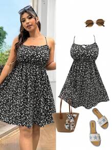 SHEIN EZwear Plus Size Black Ditsy Floral Bohemian Style A-Line Dress, Holiday Season, Spring/Summer