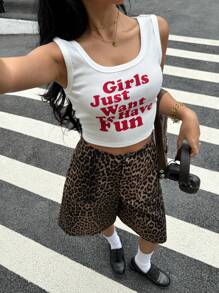 SHEIN Set da 2 pezzi: Maglietta a girocollo con stampa a rete e dettagli con arricciatura e pantaloni cargo con stampa leopardata sulla tasca, stile casual sportivo per ragazze adolescenti per il ritorno a scuola