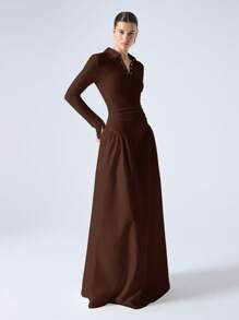 LYSMO V-Neck Patchwork Buttoned High-Low Cinched Waist Dress With Elegant Design - Brown - View 4