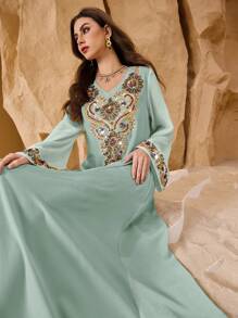 Al Najma V-Neck Rhinestone & Sequins Embellished Bell Sleeve Flared Hem Arabic Style Dress Fall Cloth For Women - Mint Green - View 5