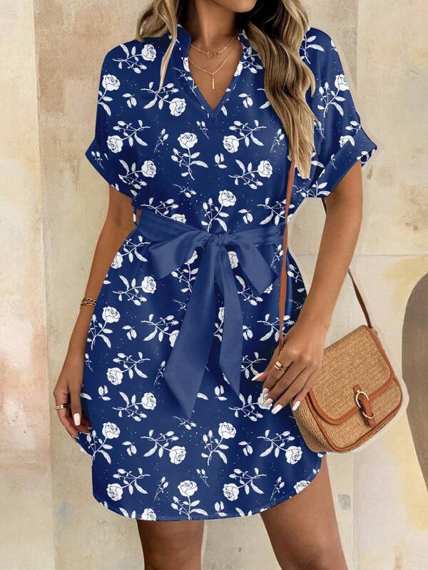 Glamance Annarte Women Multicolor Short Dress Batwing Sleeve Notched Neck Casual All Over Print Plants Floral Summer Outfits Summer Dress Sundress For Women, Vacation Dress Going Out Vacation Outfits Woman
