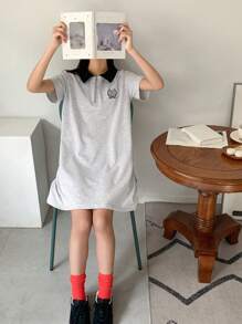 DAZY Tween Girl Front Zipper Short Sleeve Simple Casual Dress, Daily Wear - Grey - View 2