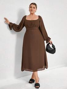 Aveloria Modichic Plus Size Deep Brown Mulberry Silk Bamboo Texture Round Neck Cinched Waist Ruffle Cuff Long Sleeve Dress - Coffee Brown - View 5