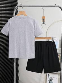 SHEIN Tween Boy Loose Casual Lion Graphic T-Shirt & Shorts 2 Pieces Knit Loungewear Set, Summer - Grey - View 2