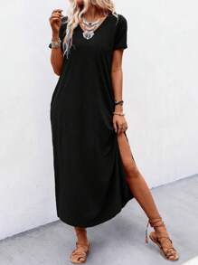 EMERY ROSE Vestido de mujer con abertura y bolsillo diagonal - Atuendo de vacaciones y playa