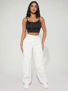 SHEIN PETITE Casual Simple Solid Color Cargo Denim Jeans