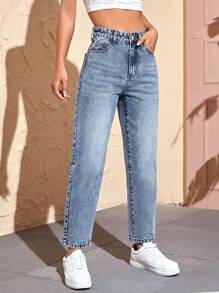 SHEIN PETITE Women's Straight Leg Casual Pocket Jeans - Medium Wash - View 5