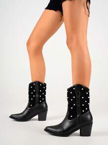 Styleloop Bottes mi-mollet à talon épais avec décoration de perles de couleur noire unie de haute qualité à bout pointu pour femmes