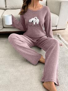 EURMUSE 2pcs Cute Lazy Koala Embroidery Detail PJ Set - Dusty Pink - View 3