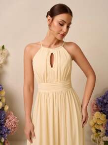 SHEIN Belle 优雅纯色高开叉露背伴娘礼服 - 杏色 - 查看 7