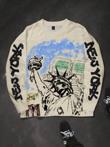 Manfinity EMRG Men's Liberty Statue Logo Print Long Sleeve T-Shirt Long Sleeve Graphic Men Long Sleeve Men Long Sleeve Graphic Men Long Sleeve T Shirt, For Fall - Apricot - View 1