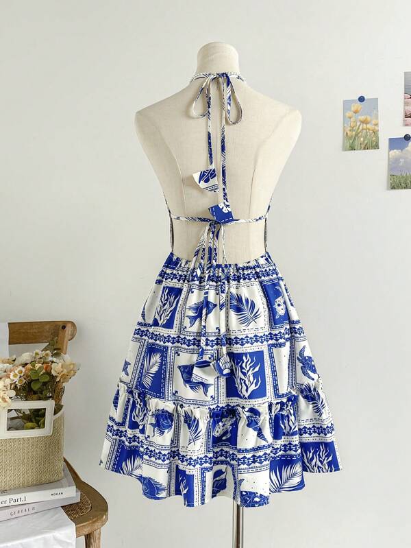 Soleia Robe d'été et de printemps pour femmes en vacances, robe mini avec imprimé animal marin bleu et blanc, avec encolure bateaux et dos nu